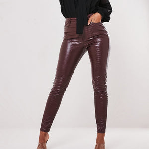 InstaHot Black High Waist Pencil Faux Leather Pants Women Casual Elegant Carving Print Ankle Length Pants Streetwear Trousers