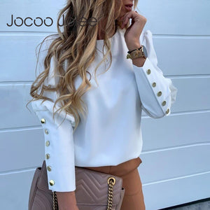 Jocoo Jolee Women Metal Buttons Long Sleeve Blouse Office Lady Shirt Casual Pineapple Print Tops Plus Size Casual Loose Blouses